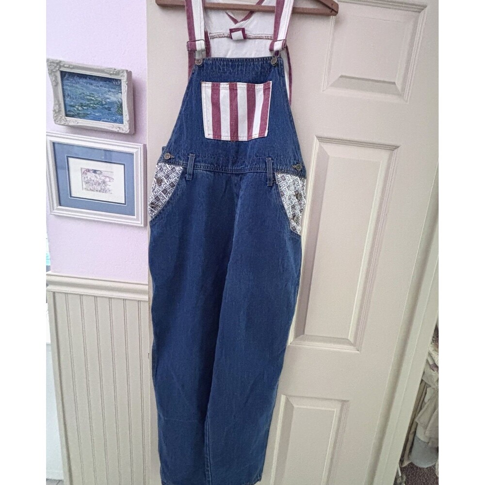 Vintage 90s NOT GUILTY Denim Overalls Floral Patchwork/Striped Bib Sz M Made USA
